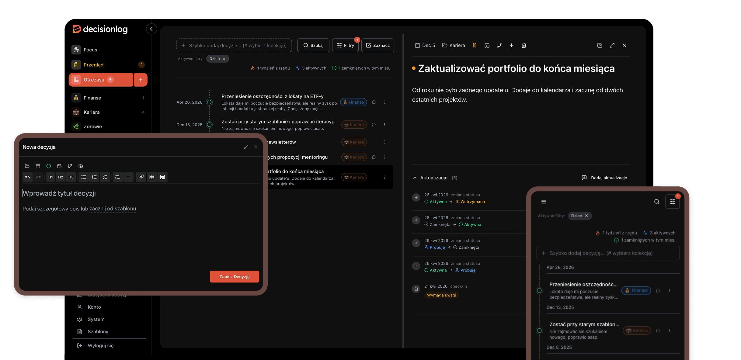 Decision Log Dashboard - Dark Theme