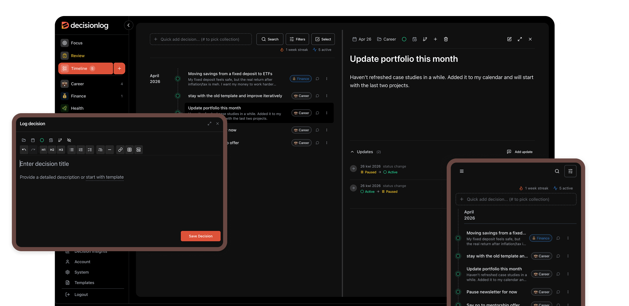 Decision Log Dashboard - Dark Theme