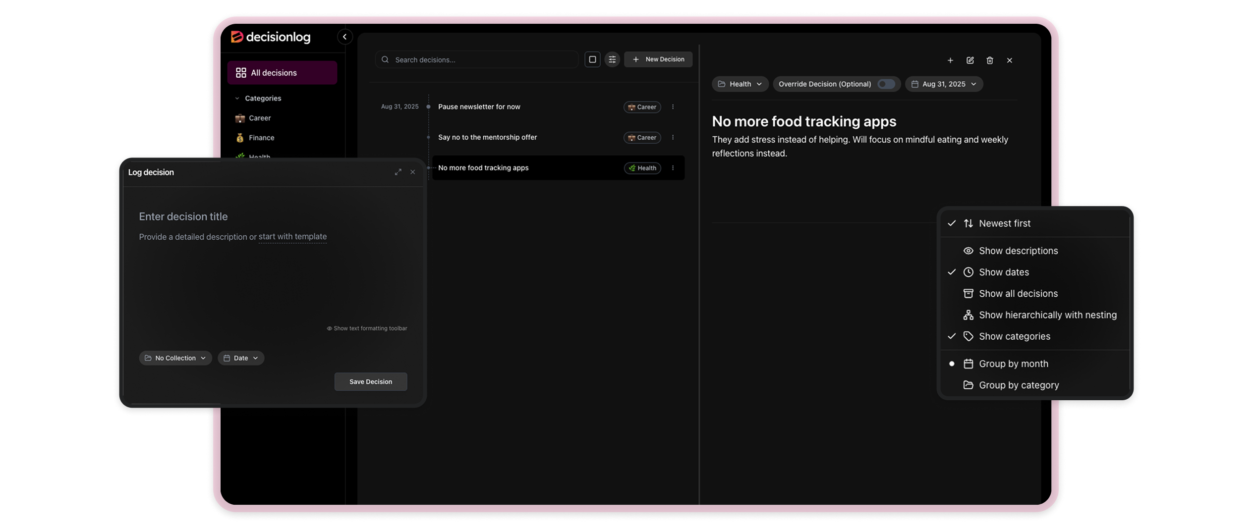 DecisionLog Dashboard - Dark Theme